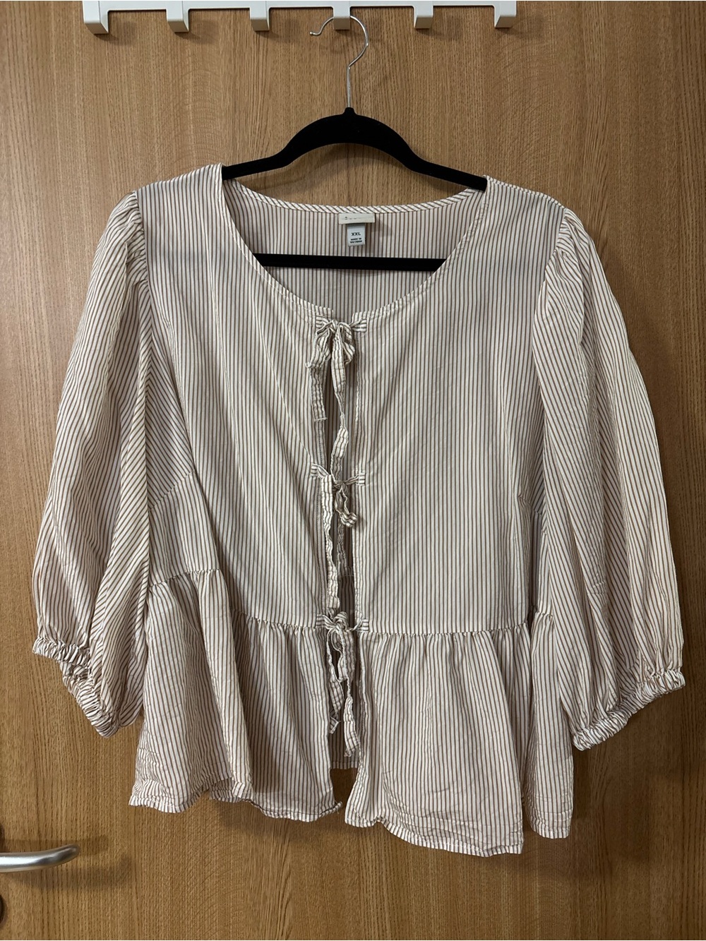 a new day Beige and White Striped Tie-Front Peplum Blouse